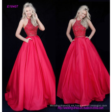 Venta caliente vestido de baile de fin de curso de tafetán Ballgown con un alto cuello halter rebordeado corpiño